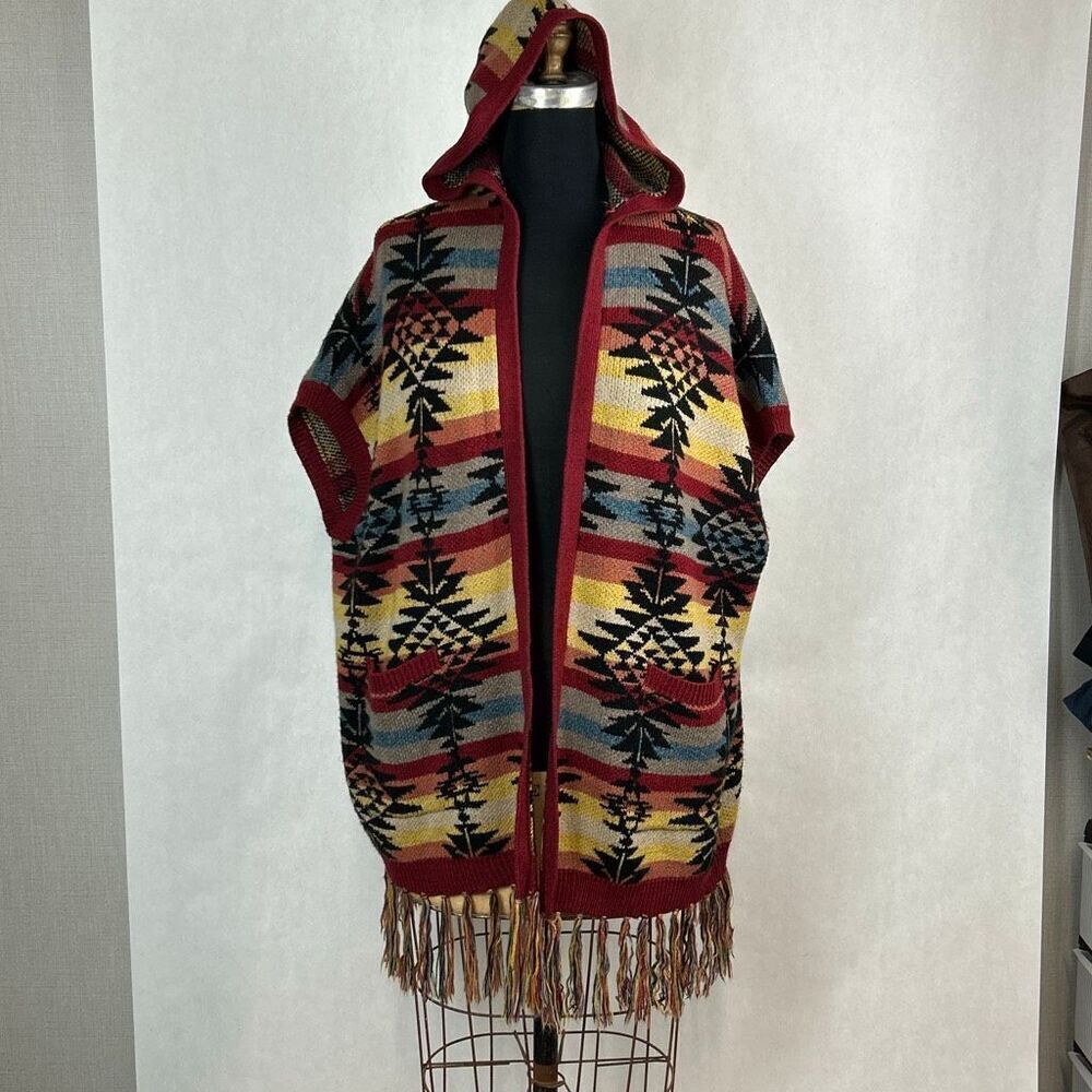 American Eagle Outfitters Southwest Hooded Cardigan Vest Open Blanket Sweater Fr